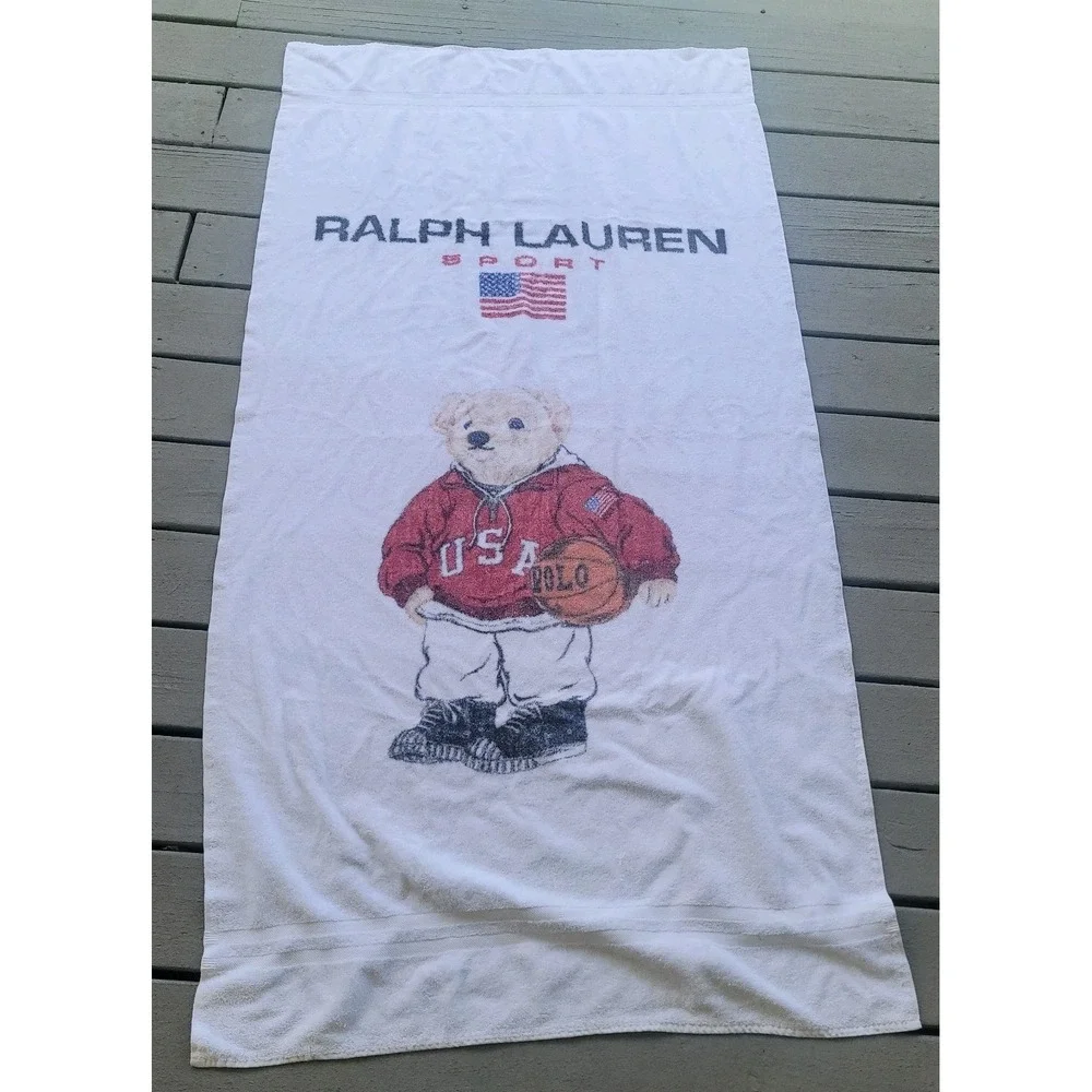 Vintage Ralph Lauren Sport Polo Bear USA Flag Beach Towel 34x66 White Cotton